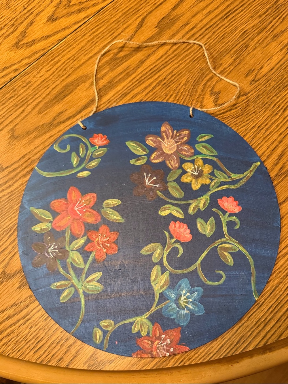 Hand-Painted Round Floral Wall Decor in Navy Blue 12x12 Wooden Round
